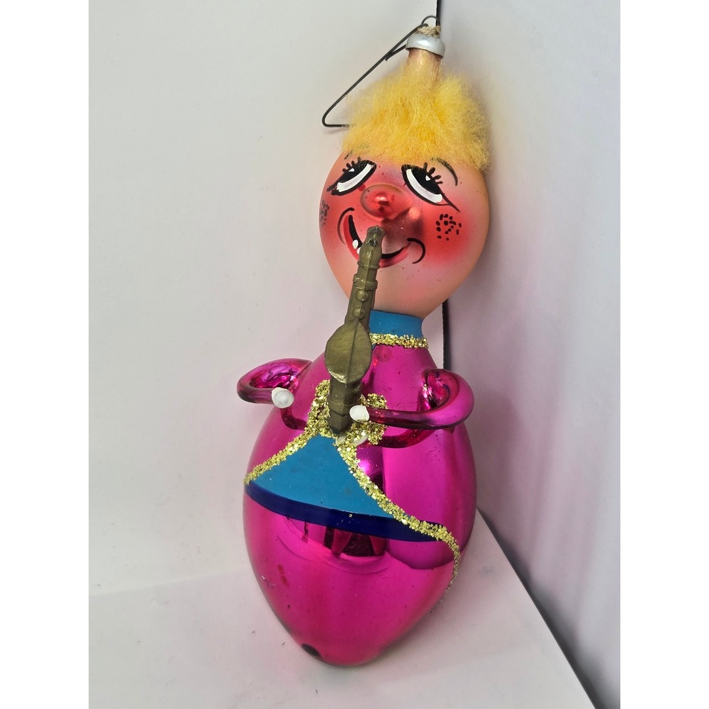 Vintage Carlini 1950s Mercury Glass Saxophone Player Christmas Ornament Pink MCM